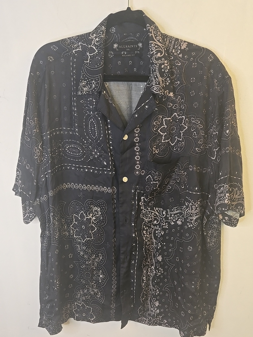 All Saints Navy Bandana-Print Short Sleeve Button-Down Shirt